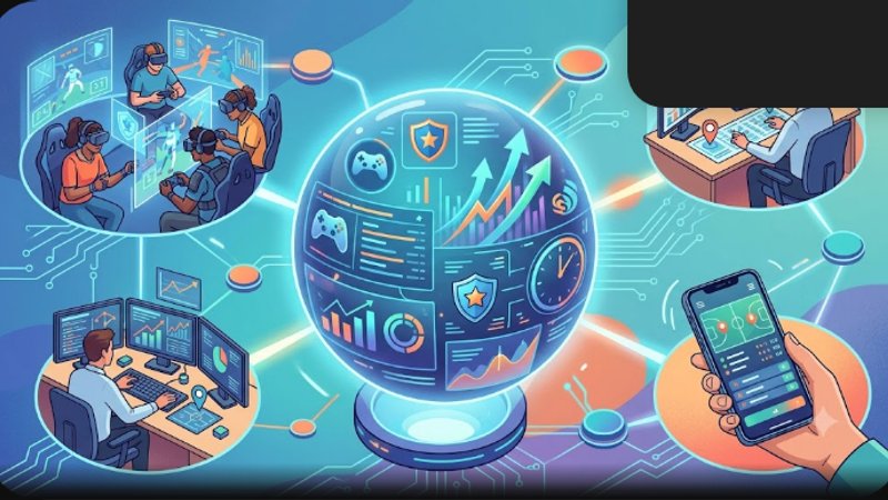 Футуристическая иллюстрация с элементами киберспорта и графиками для статьи о трендах ставок 2026 года