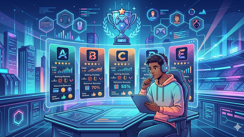Современная иллюстрация с элементами киберспорта и аналитики для выбора лучшего букмекера в 2026 году